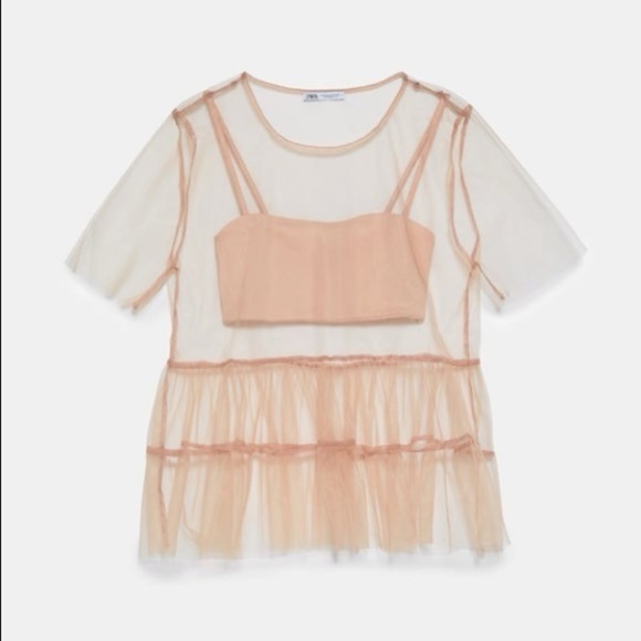 Sheer Tan peplum Top Zara size medium - Picture 2 of 4